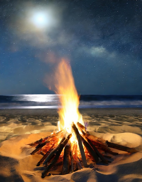 Foto fogata en la arena de la playa bajo la luz de la luna