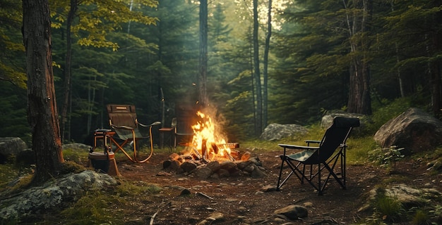 una fogata en el bosque con sillas y equipo de campamento