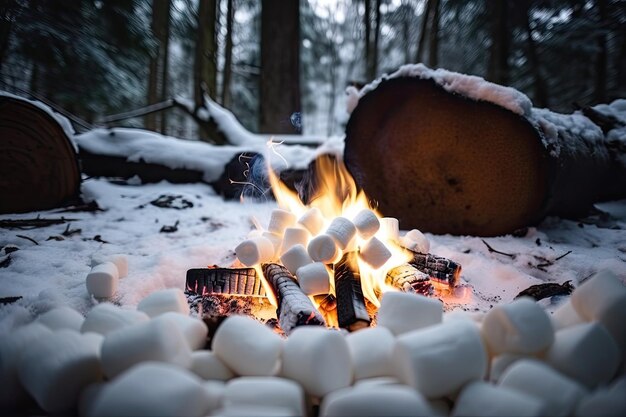 Fogata brillando cálidamente en el bosque nevado con malvaviscos listos para asar