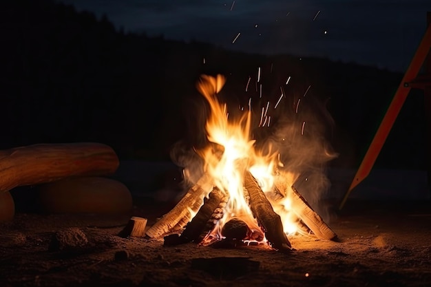 Fogata en campamento turístico en la noche Llamas y chispas de fuego sobre fondo oscuro IA generativa