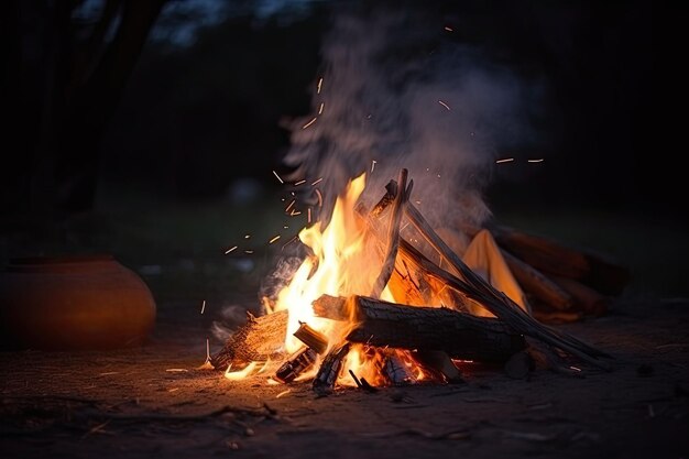 Fogata en campamento turístico en la noche Llamas y chispas de fuego sobre fondo oscuro IA generativa