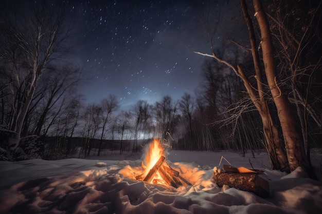 Fogata crepitando en un bosque nevado con vistas al cielo nocturno visible arriba