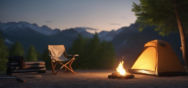 una fogata junto a una silla de camping y una tienda de campaña