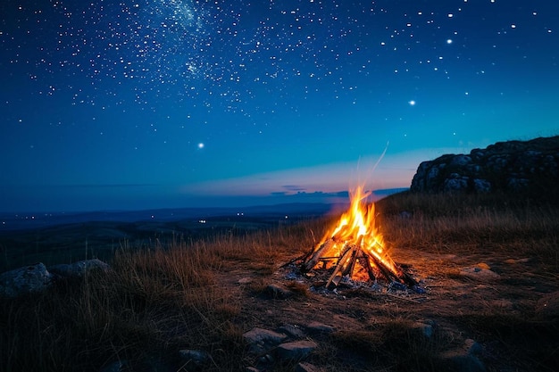 una fogata en medio de un campo con estrellas en el cielo