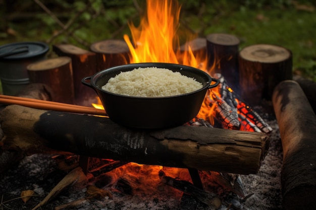 Fogata con olla de arroz, sartén de hierro fundido y llamas creadas con ai generativo
