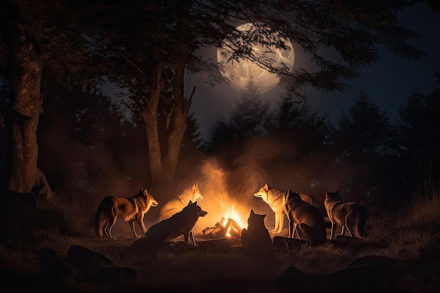 Fogata rodeada por una manada de lobos aullando a la luna creada con IA generativa