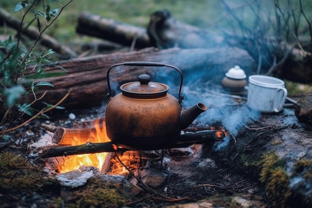 Una fogata con una tetera y un fuego en el fondo.