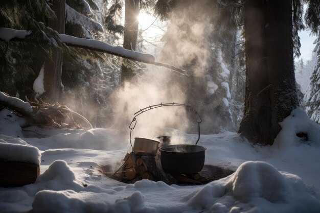 Fogata con vapor saliendo del agua caliente en una olla rodeada de árboles cubiertos de nieve