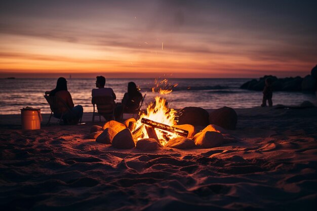 Fogo à beira-mar com amigos a assar marshmallows