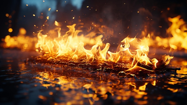 Fogo amarelo brilhante contra o céu noturno