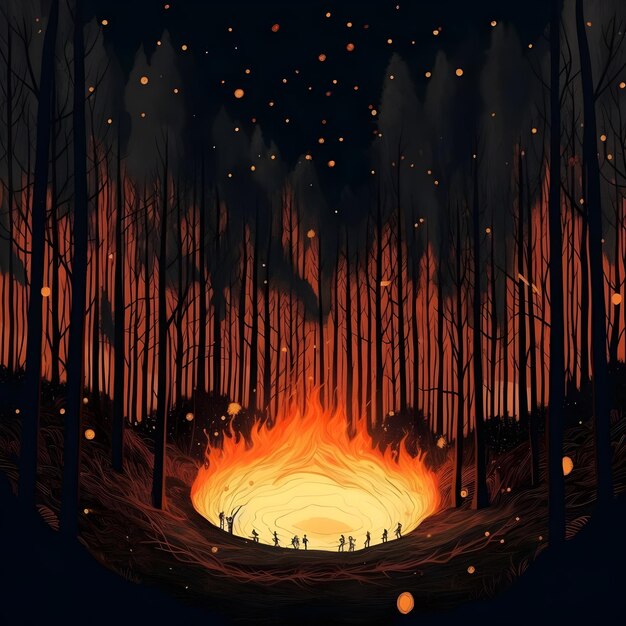 Fogo ardente na floresta à noite Ilustração para seu projeto