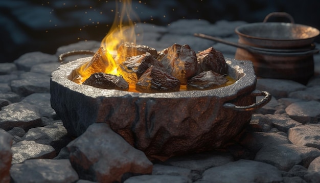 Fogo de acampamento brilhante queimando madeira cozinhando comida ao ar livre no calor do verão gerado pela inteligência artificial