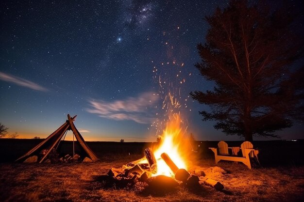 Fogo de acampamento com uma fogueira ao fundo