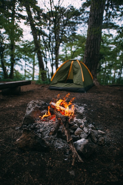Fogo de acampamento contra tenda na floresta