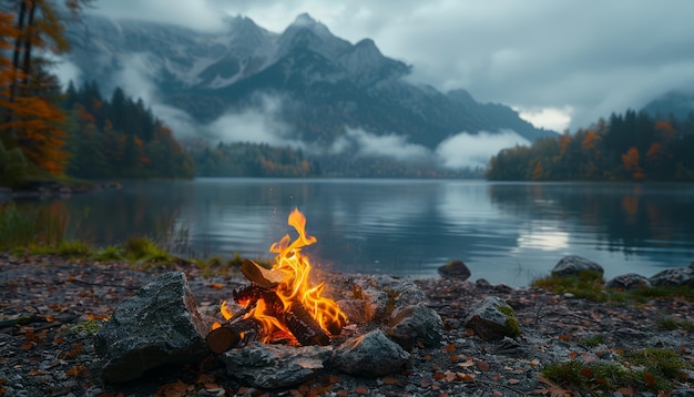 Fogo de acampamento na beira de um lago nas montanhas
