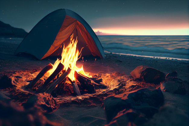 Fogo de acampamento perto de uma tenda em um cenário ao ar livre pitoresco AI Gerado