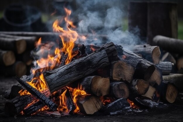 Fogo de madeira preparado para churrasco Chamas e carvões a arder