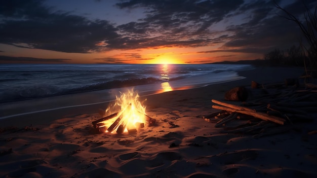 Fogo de praia com o pôr-do-sol na praia de amêijoas