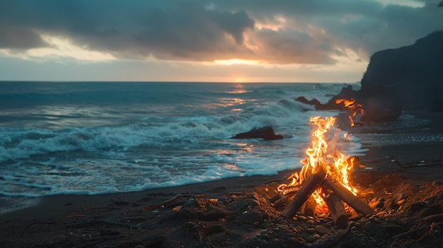 Fogo de praia com ondas em fundo