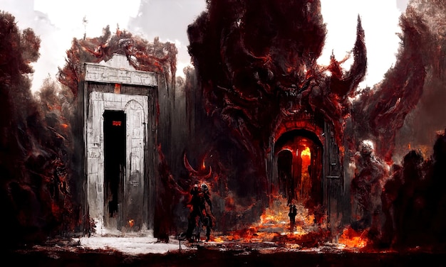 Fogo do purgatório no inferno Uma multidão de pessoas pecadoras está queimando no inferno no fogo do inferno A porta de entrada para o submundo infernal Demônios demônios e ghouls atormentam pessoas pecadoras ilustração 3d