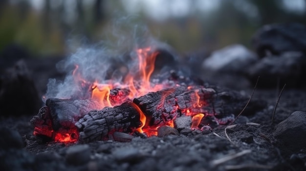 Foto fogo e carvões de um incêndio em close-up