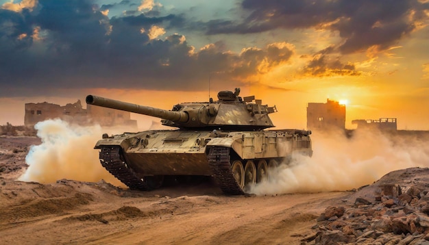 fogo e fumaça no deserto forças especiais militares tanque com a guerra na cidade com o céu do pôr-do-sol