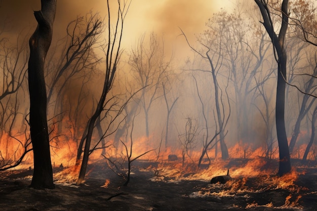 Fogo engolfando uma floresta seca mostrando chamas e árvores queimadas