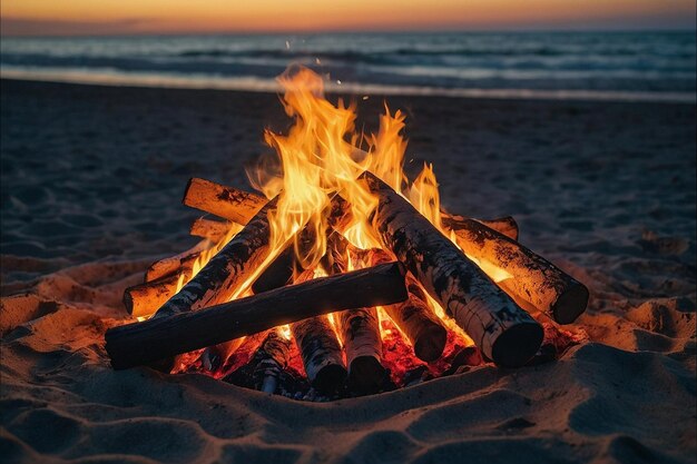 Fogo na praia ao anoitecer