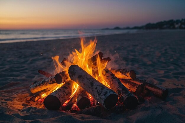 Fogo na praia ao anoitecer