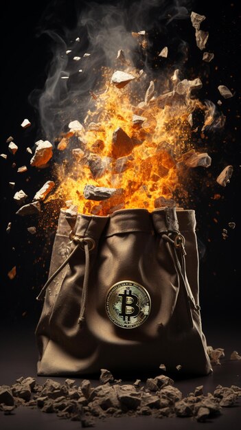 Foto fogo no saco de bitcoins aigenerated