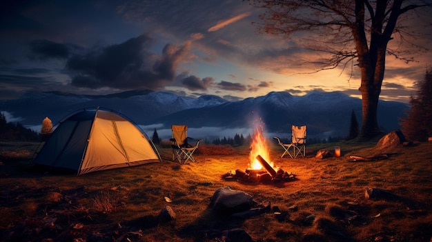 Foto fogos de acampamento, tendas e aventuras ao ar livre
