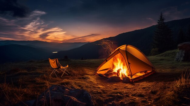 Fogos de acampamento, tendas e aventuras ao ar livre