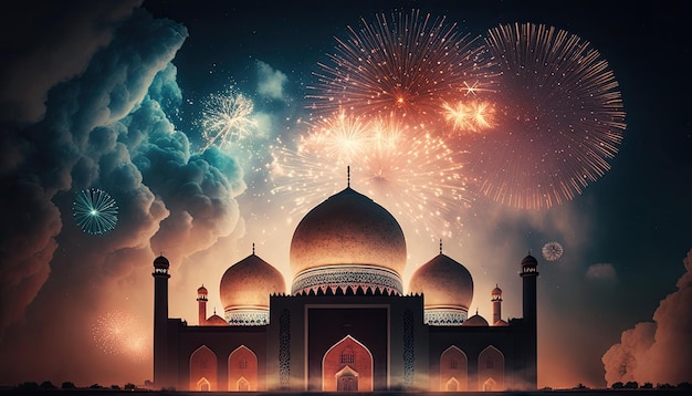 Fogos de artifício acima do céu de uma mesquita Ramadan e Eid Mubarak Concept