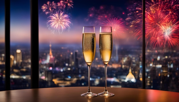 fogos de artifício atrás de dois copos de champanhe com fogos de artificio ao fundo