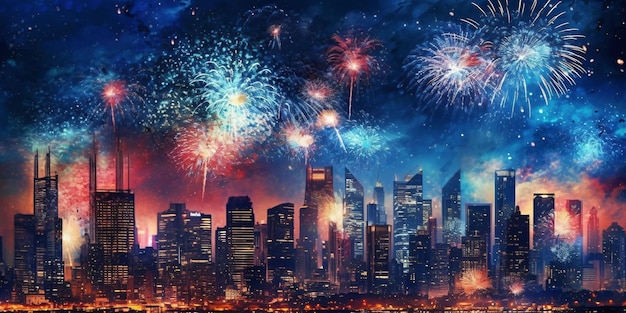 Fogos de artifício coloridos à noite com vista para a paisagem da cidade Celebração de Ano Novo Inteligência Artificial Gerativa