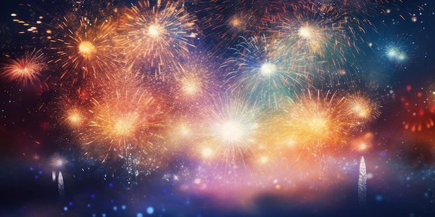 Fogos de artifício coloridos com fundo bokeh Celebração do Ano Novo Ai Generative