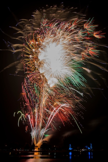 Fogos de artifício coloridos em um fundo de céu noturno.