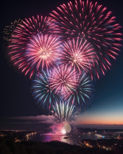 Fogos de artifício coloridos Feliz celebração do ano novo de 2024