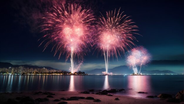 Fogos de artifício coloridos na Baía Inglesa contra o céu