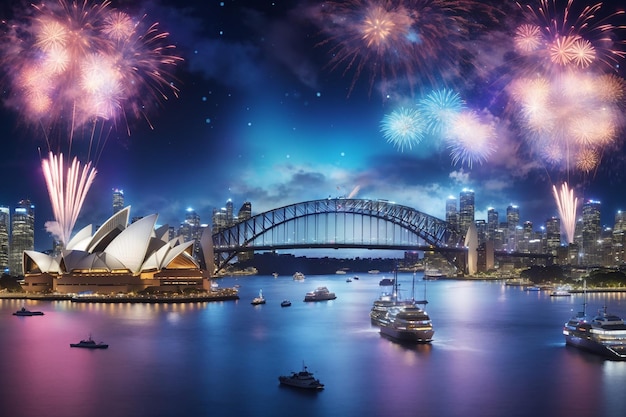 Fogos de artifício da véspera de Ano Novo do CBD da cidade de Sydney sobre águas calmas do porto iluminando torres e terrenos da cidade