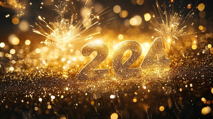 Foto fogos de artifício de ano novo de ouro com confeti