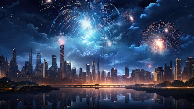 Fogos de artifício de ano novo no alto de Nova York céu cidade do horizonte noite tiro belo papel de parede