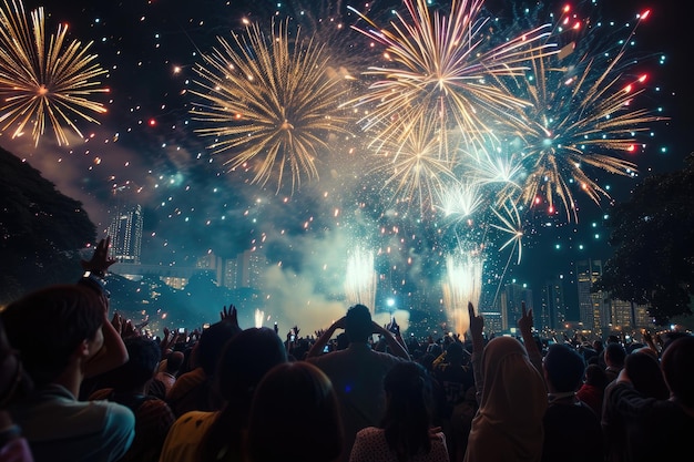 Fogos de artifício de celebração iluminando o céu no Eid, o final do Ramadão