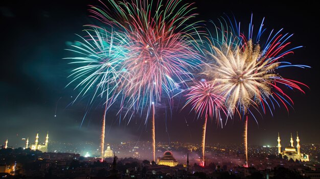 Fogos de artifício de celebração iluminando o céu no Eid, o final do Ramadão