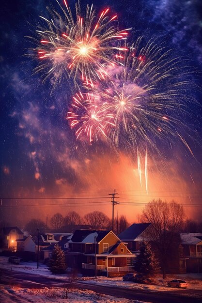 Fogos de artifício de véspera de ano novo iluminando o céu noturno criado com IA generativa