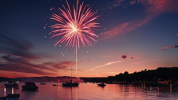 Fogos de artifício do 4 de Julho sobre o lago