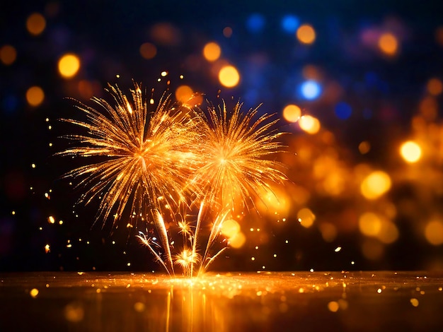 Fogos de artifício dourados e bokeh na véspera de Ano Novo fundo abstrato
