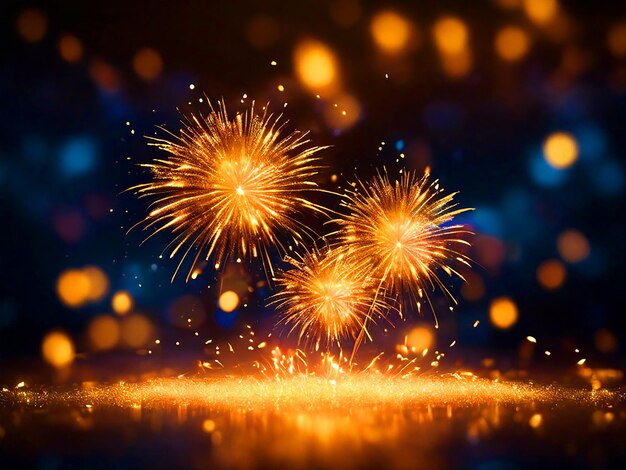 Fogos de artifício dourados e bokeh na véspera de Ano Novo fundo abstrato