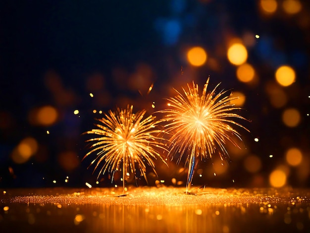 Fogos de artifício dourados e bokeh na véspera de Ano Novo fundo abstrato