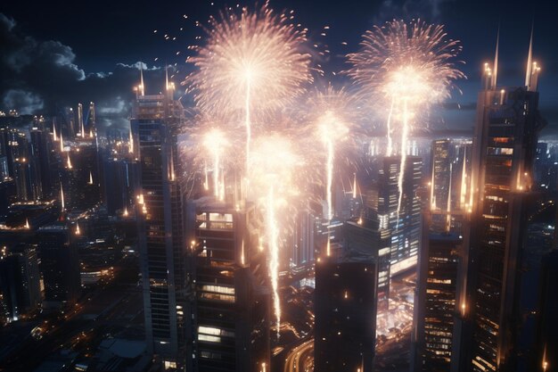 Fogos de artifício em forma de amor iluminando uma cidade futurista.